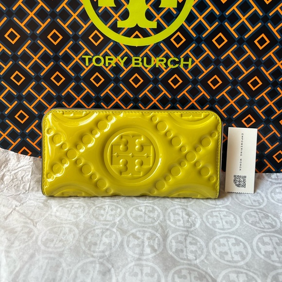 Tory Burch Handbags - Tory Burch T Monogram Puffy Patent Embossed Zip Slim Wallet Island Chartreuse